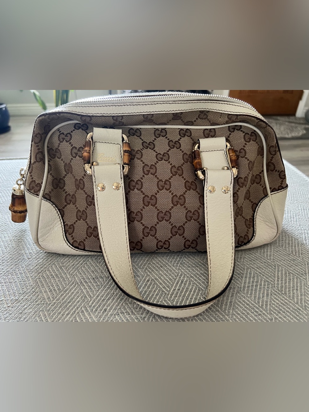 Gucci Brown GG Canvas Shoulder Bag with Cream Leather & Bamboo Accents
